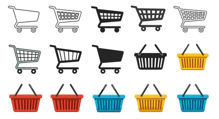 Collection Of Shopping Cart And Basket Icons With Different Styles Isolated On Transparent Background
