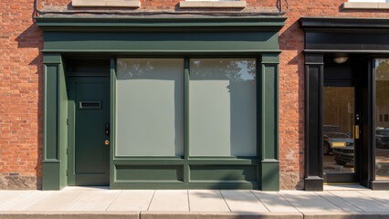 Fototapeta premium Modern storefront with green facade, large windows, and brick wall, showcasing urban architecture and design