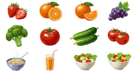 Fresh Healthy Fruits Vegetables Grains and Juice Isolated on Transparent Background for Food Diet