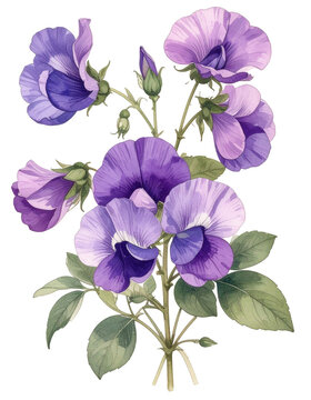 Watercolor Drawing Purple Sweet Pea Birth Flower Bouquet Illustration April Flower