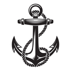 black nautical anchor silhouettes with rope. Vector black silhouette. with white background