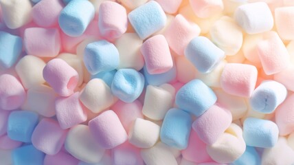 Pastel marshmallows spread on flat surface. Neural network AI generated