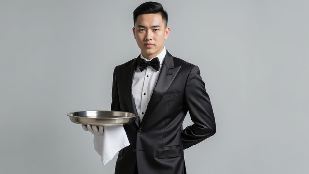 Elegant waiter in tuxedo holding silver tray, showcasing professionalism and sophistication. image captures formal dining atmosphere