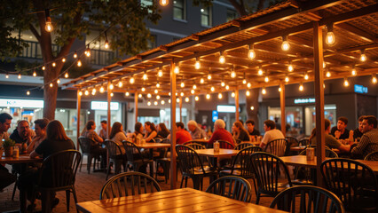 Cozy outdoor dining area with string lights illuminating tables filled with people enjoying their meals. atmosphere is warm and inviting