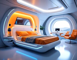 Futuristic bedroom design with advanced technology and a serene mountain view