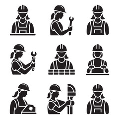 Female Construction Worker Icon Set Black Silhouettes. Vector black silhouette. with white background