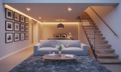 Softly lit open-plan loft apartment featuring a gray sofa, coffee table, bedroom area, and modern wooden staircase.  Ambient lighting enhances the calm atmosphere