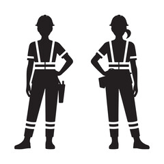 Female Construction Worker Icon Set Black Silhouettes. Vector black silhouette. with white background