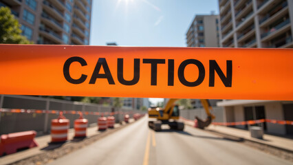 Caution tape signals construction area, alerting pedestrians and vehicles to stay clear for safety. Bright orange color enhances visibility