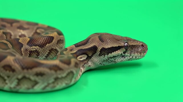 Close-up of a Beautiful Brown and Tan Patterned Python Snake with Intricate Scales, Isolated on a Vibrant Green Screen Background for Wildlife or R...