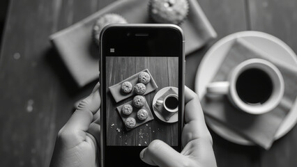 Person holding smartphone captures photo of baked goods and cup of coffee on wooden table, creating cozy atmosphere
