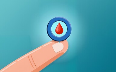 World diabetes day awareness concept. Finger with blood drop and blue circle of universal symbol for diabetes. Support for the fight against diabetes. High quality
