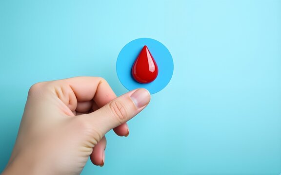 World diabetes day awareness concept. Finger with blood drop and blue circle of universal symbol for diabetes. Support for the fight against diabetes. High quality - Powered by Adobe