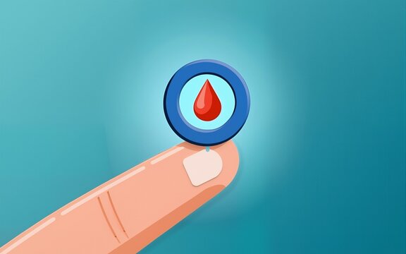 World diabetes day awareness concept. Finger with blood drop and blue circle of universal symbol for diabetes. Support for the fight against diabetes. High quality - Powered by Adobe
