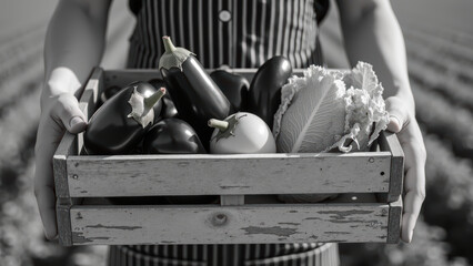 Fresh vegetables in wooden crate, including eggplants, cabbage, and tomatoes, evoke sense of farm to table freshness and health