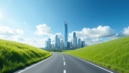 Modern city skyline with tall buildings, green grass, and clear blue sky creates vibrant and inviting atmosphere