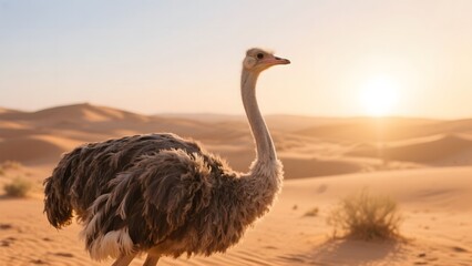 Ostrich standing in a desert landscape at sunset