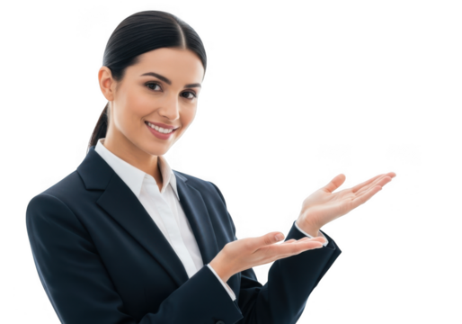 Smiling businesswoman presenting with open hands isolated on transparent background