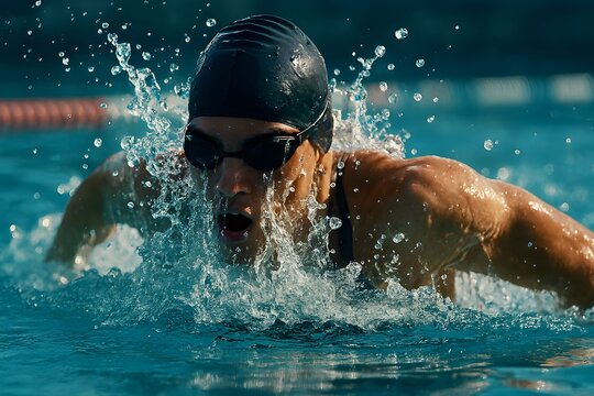Ultra-Realistic 4K Close-Up of Swimmer Emerging from Water with Splashes and Sunlight Reflections