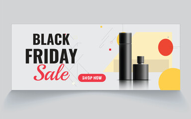 Modern Black Friday Sale vector banner, featuring cosmetic bottles and abstract geometric shapes on a light background. Perfect for e-commerce, beauty, and digital advertising campaigns.