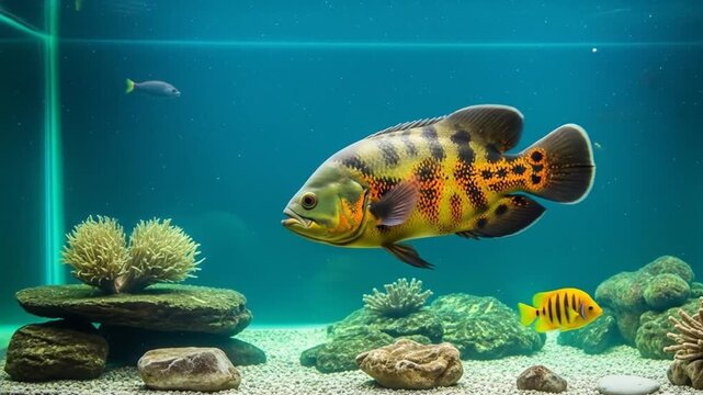 Mesmerizing freshwater aquarium featuring oscar fish and vibrant aquatic plants display in full