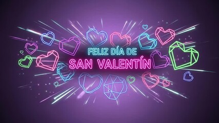 Neon glowing hearts with Spanish text Feliz Dia de San Valentín for romantic celebration. - Powered by Adobe