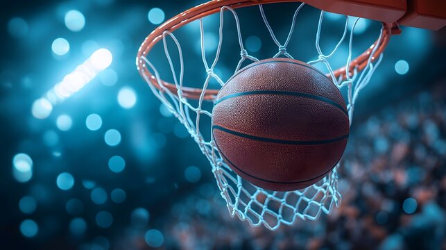 Professional high-speed basketball action shot - ball flying to hoop with cheering crowd, 8K ultra HD HDR, perfect for sports promotions。