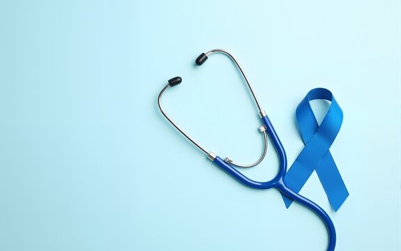 Blue ribbon and stethoscope on light background, world diabetes day, prostate cancer awareness month. High quality - Powered by Adobe