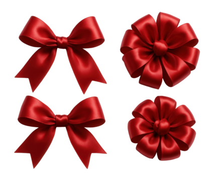 Set of four red satin ribbon bows, including regular and round styles.