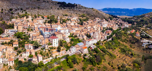 Abruzzo tourism, Italy . aerial view of medieval village Calascio famous with his Castle of Rocca Calascio is a mountaintop fortress , Province of L'Aquila