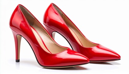 "Luxury women’s high heel shoes in glossy red leather with pointed toe and stiletto heel, isolated on white background, elegant footwear stock photo"
