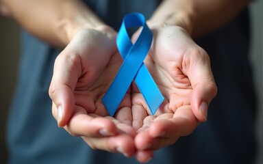 men hands showing Blue ribbon for supporting people living and illness, Colon cancer, Colorectal cancer, Child Abuse awareness, world diabetes day, International Men's Day. High quality