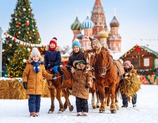 Naklejka premium Festive winter wonderland: children and horses enjoy a joyful outing in snowy citysquare
