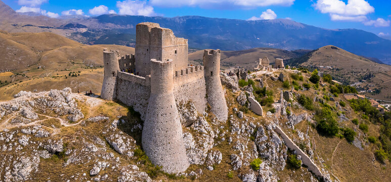 Abruzzo, Italy . The Castle of Rocca Calascio is a mountaintop fortress or rocca in the municipality of Calascio, in the Province of L'Aquila, highest castle in Italy. aerial drone panoramic view