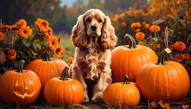 Cocker spaniel dog sitting next to halloween pumpkins