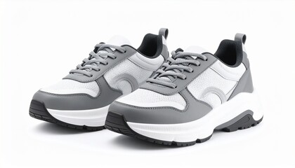 "Pair of trendy chunky platform sneakers in white and gray, isolated on white background, modern streetwear style"
