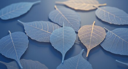 Close-up of Delicate Blue and Gold Vein Leaves on a Dark Blue Background, Aesthetic Nature Photography, Decorative Botanical Art