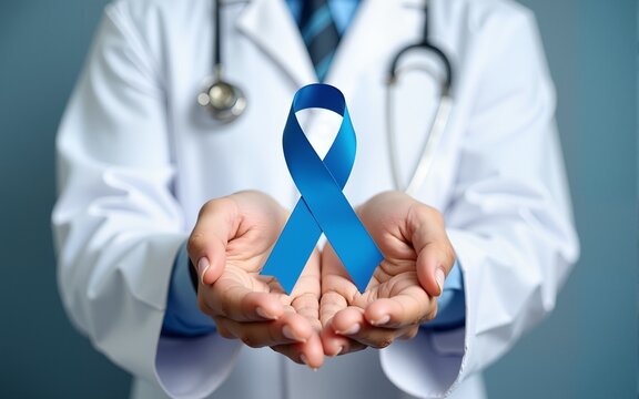 doctor in a white coat hands holding Blue ribbon for supporting people living and illness, Colon cancer, Colorectal cancer, Child Abuse awareness, world diabetes day, International Men's Day