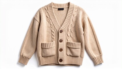 "Cozy women’s cardigan in beige knit with large buttons and pockets, isolated on white background, fall fashion accessory"
