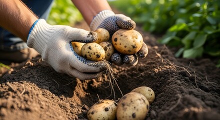 Obraz premium Farmer with gloved hands harvesting potatoes from rich soil