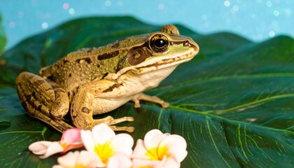 Naklejka premium Frog's Paradise A Relaxing Scene of Wildlife with Flowers and Tropical Greenery