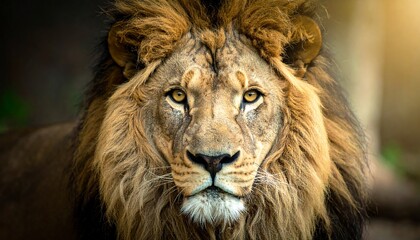 Naklejka premium Majestic Male Lion's Intense Gaze in Natural Habitat, Close-Up Portrait