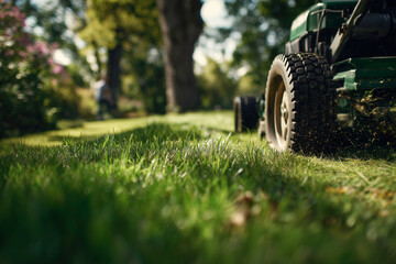 Gardening lawn mower cutting green grass in bright sunny backyard with blurred trees and flowers in background.