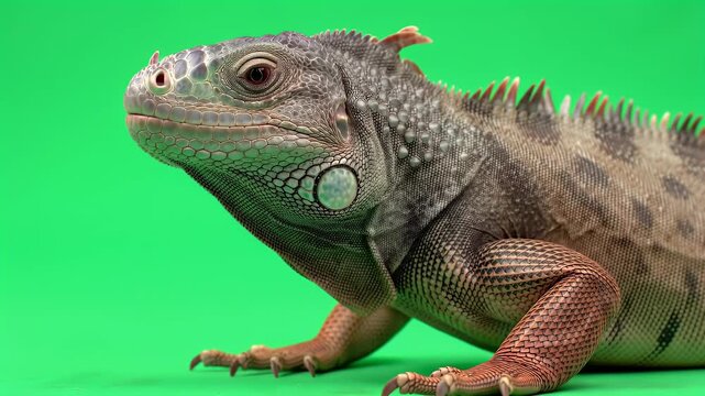 Green Iguana Profile on Chroma Key Background: Detailed Reptile Portrait