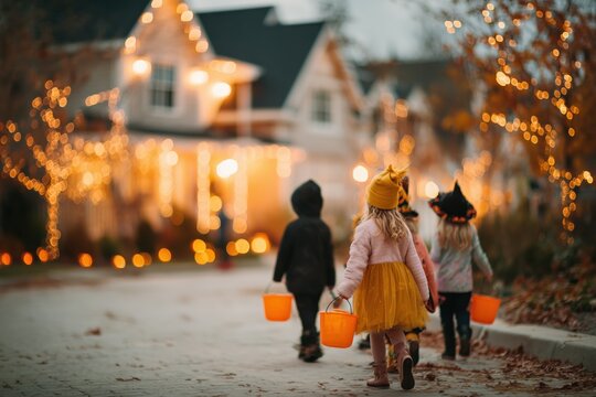 Children Trick-or-Treating in Halloween Costumes with Festive Lights