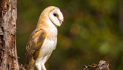 Portrait of a wild Barn Owl (Tyto alba) perched gracefully on a tree in a lush, green forest environment during the day.