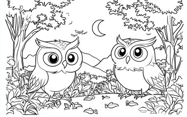 Nocturnal animal exhibit coloring book page, featuring owls, bats, and glowing fireflies in a dark jungle setting, with trees and a crescent moon in the sky, thick black outlines, 