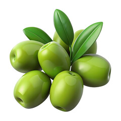3d fresh green olives with leaves isolated on transparent background
