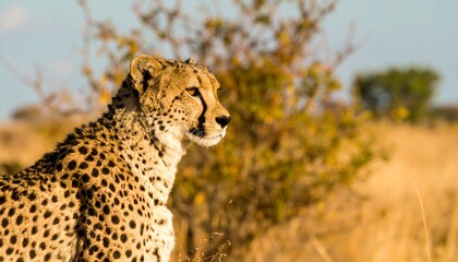 Naklejka premium Magnificent African Cheetah in Golden Savanna Light, Symbolizing Untamed Grace and Wildness Amidst Its Natural Habitat, Surveying the Vast Plains.