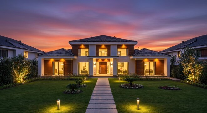 Luxury house with manicured lawn under a dusk sky, lit walkway leading to the front door - Powered by Adobe
